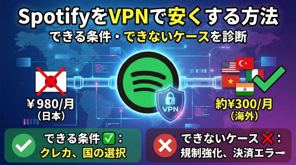 SpotifyをVPNで安くする方法｜できる条件・できないケースを診断
